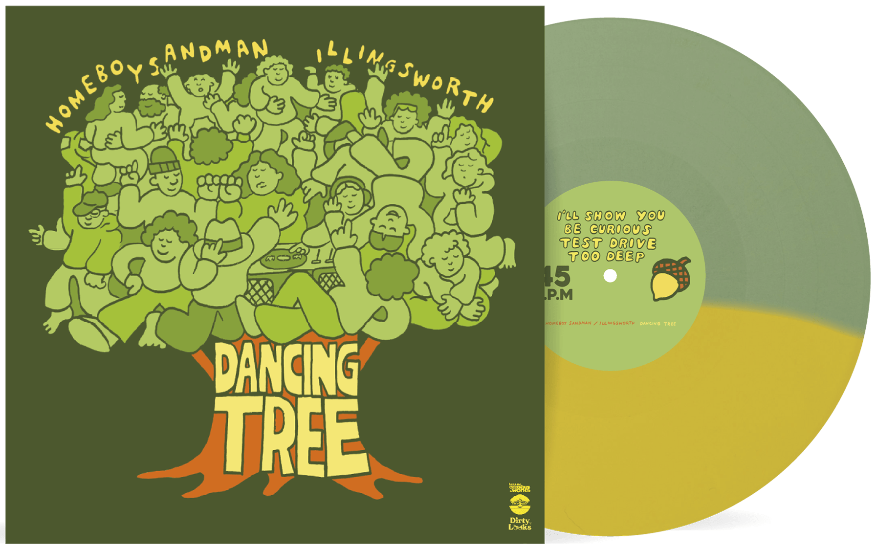 The left shows the album cover for HOMEBOYSANDMAN ILLINGSWORTH DANCING TREE, featuring a cartoonish illustration of numerous people forming the leaves of a tree, with a green and orange color scheme. The right shows the vinyl record for this album, a split color design with light green and yellow.